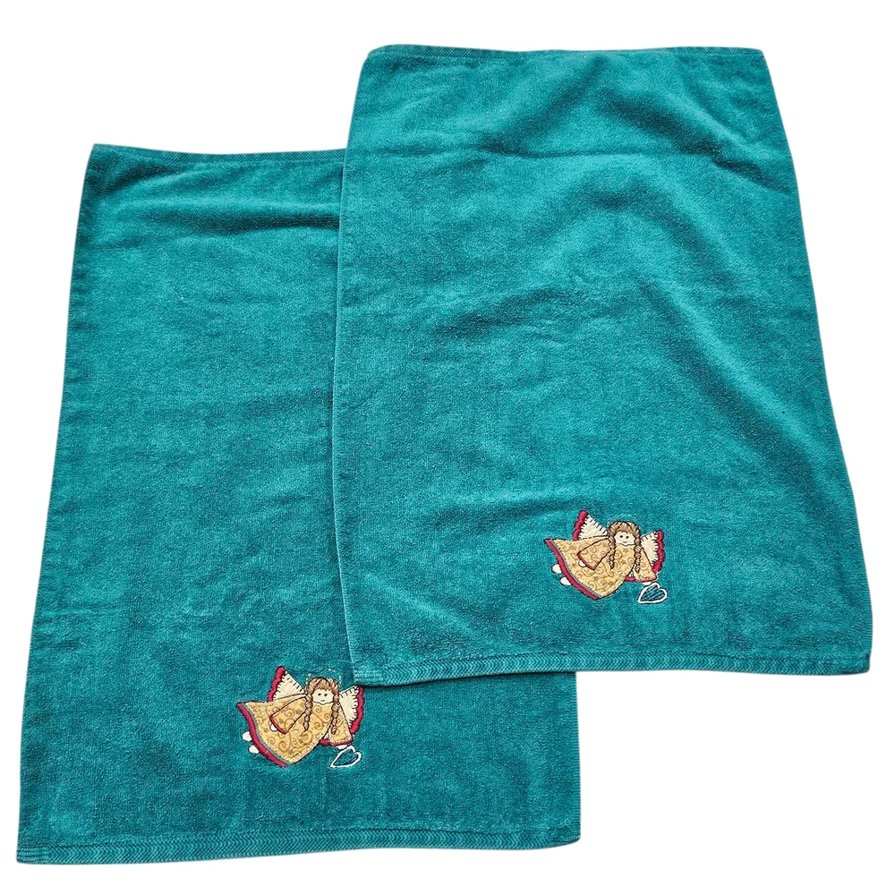Green Embroidered Angel Christmas Hand‎ Towels Set Made In USA 100% Cotton VTG